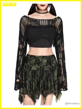 SHENHE Ripped Sweater Hollow Out Long Bell Sleeve Grunge Crop Top
